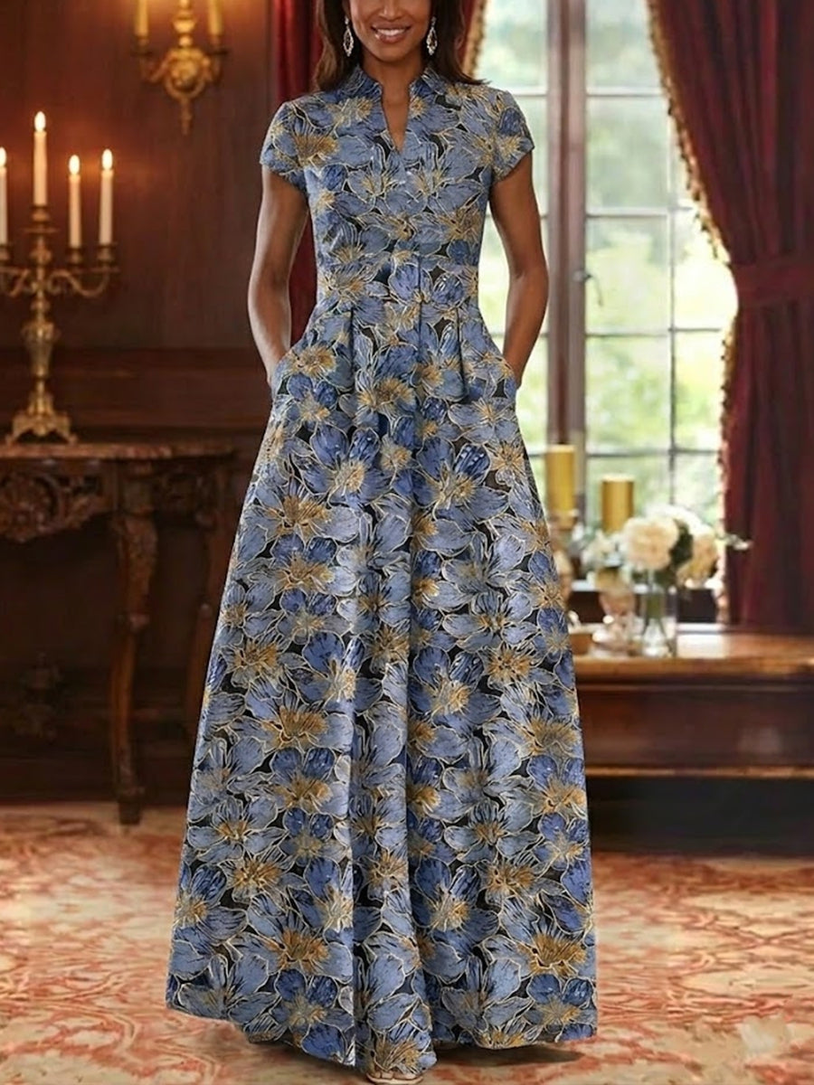 Robe mère de la mariée ligne A satin col V, floral, manches courtes, longueur sol