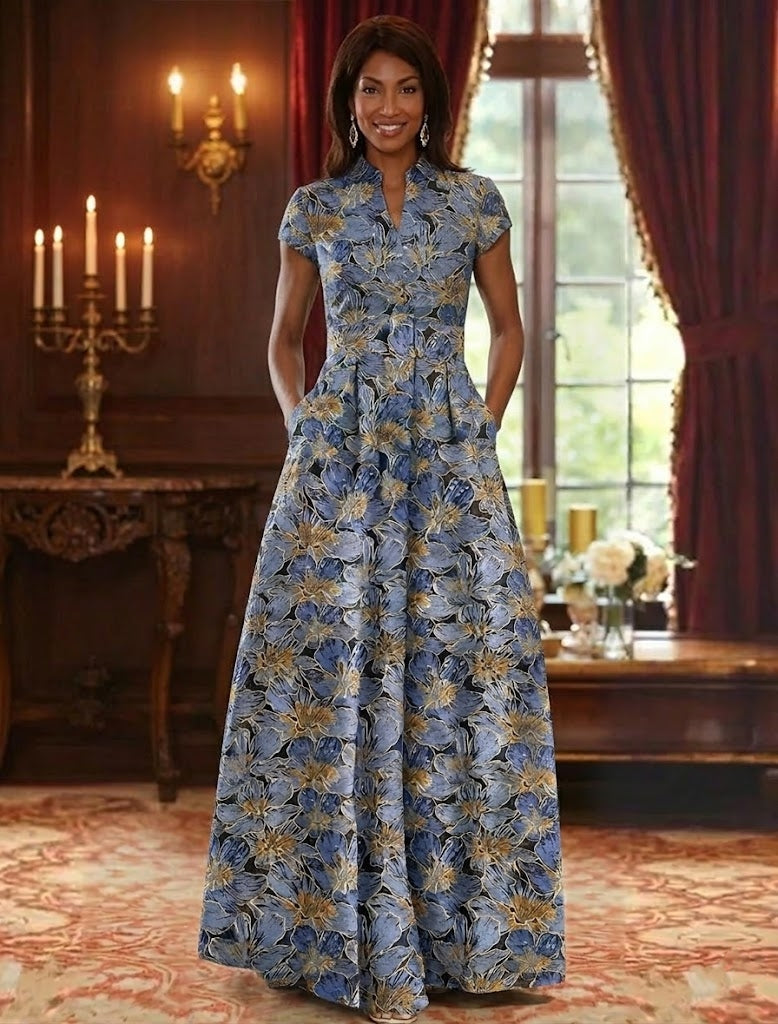 Robe mère de la mariée ligne A satin col V, floral, manches courtes, longueur sol