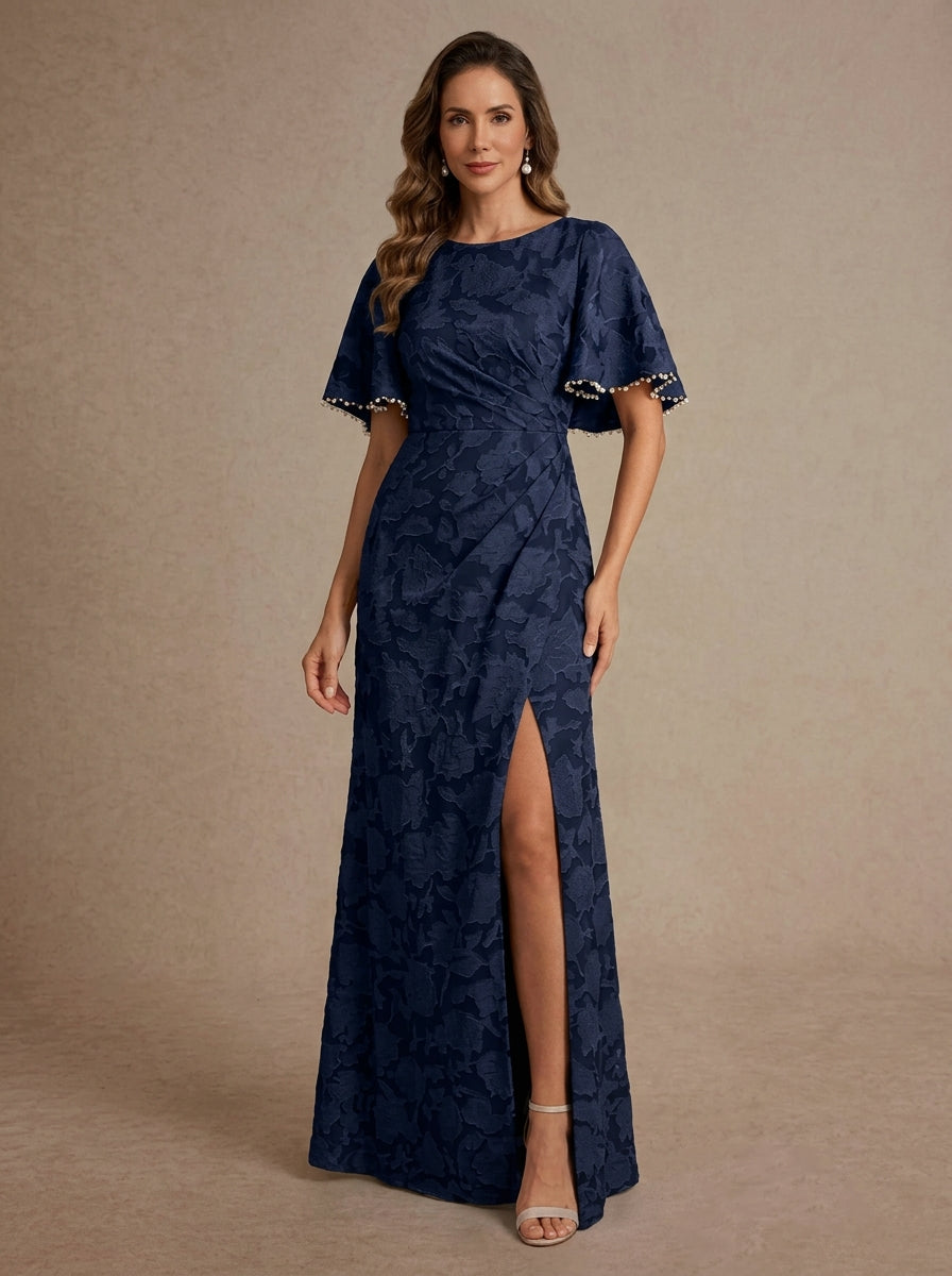 Robe mère de la mariée fourreau col rond, floral burnout, fente latérale, manches courtes, longueur sol