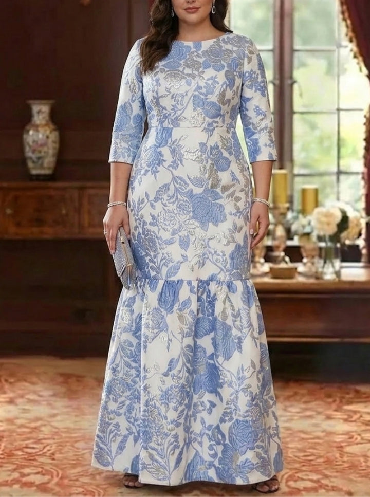 Robe mère de la mariée, Taille Plus, Ligne A/Princesse, Col Rond, Jacquard, Manches 3/4, Longueur au Sol, Volants