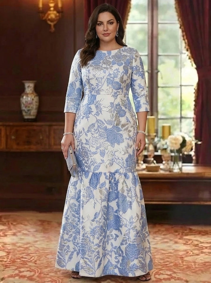 Robe mère de la mariée, Taille Plus, Ligne A/Princesse, Col Rond, Jacquard, Manches 3/4, Longueur au Sol, Volants