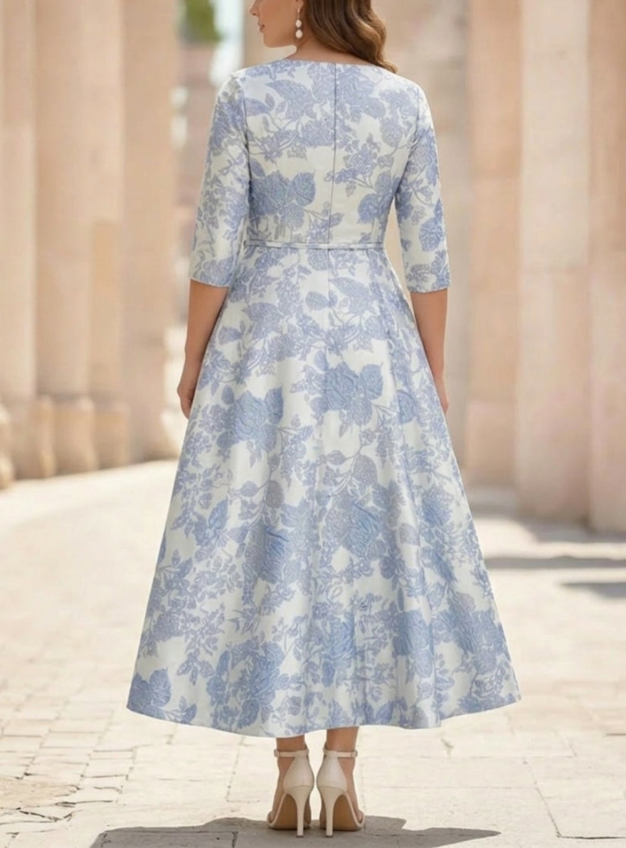 Robe mère de la mariée, Taille Plus, Ligne A/Princesse, Col en V, Jacquard, Manches Mi-Longues, Longueur du Thé, Florale