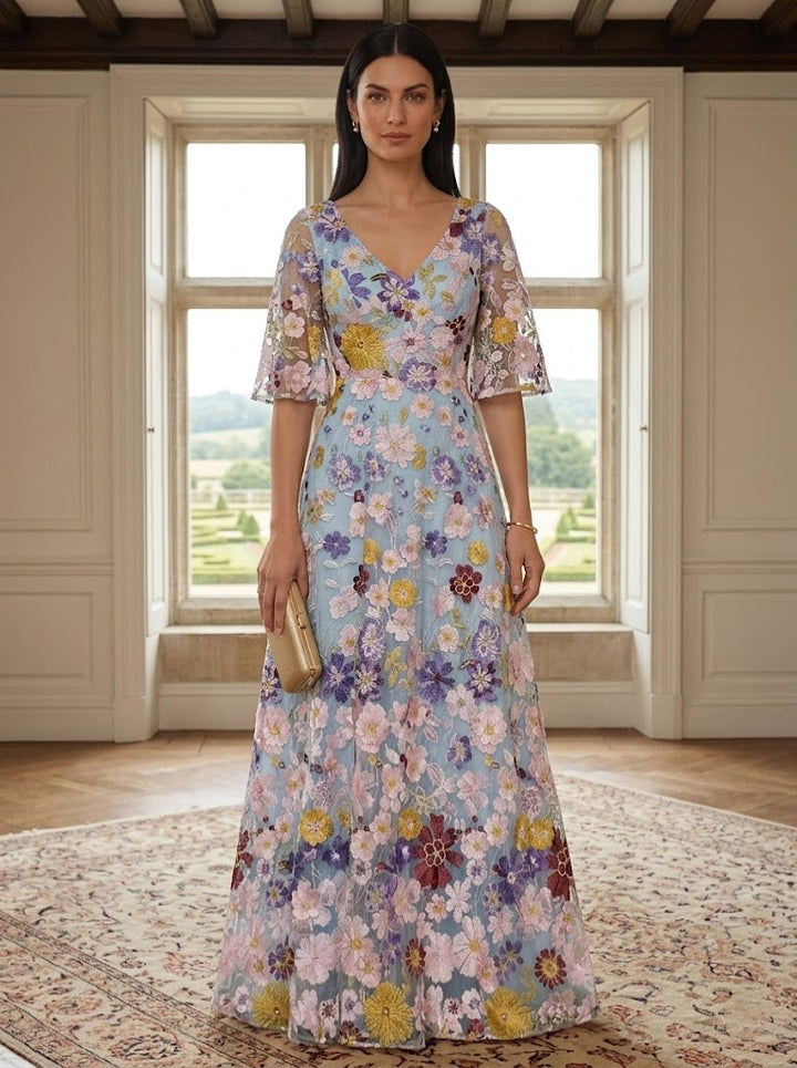 Robe ligne A/princesse, décolleté en V,dentelle, pour mère de la mariée, longueur du sol, floral, manches mi-longues