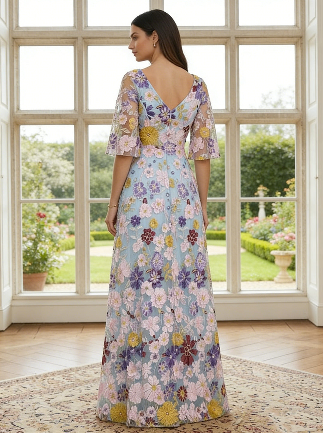 Robe ligne A/princesse, décolleté en V,dentelle, pour mère de la mariée, longueur du sol, floral, manches mi-longues