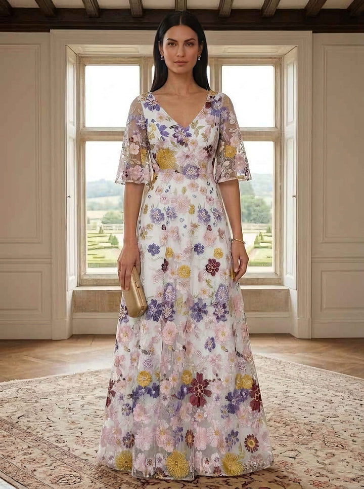 Robe ligne A/princesse, décolleté en V,dentelle, pour mère de la mariée, longueur du sol, floral, manches mi-longues