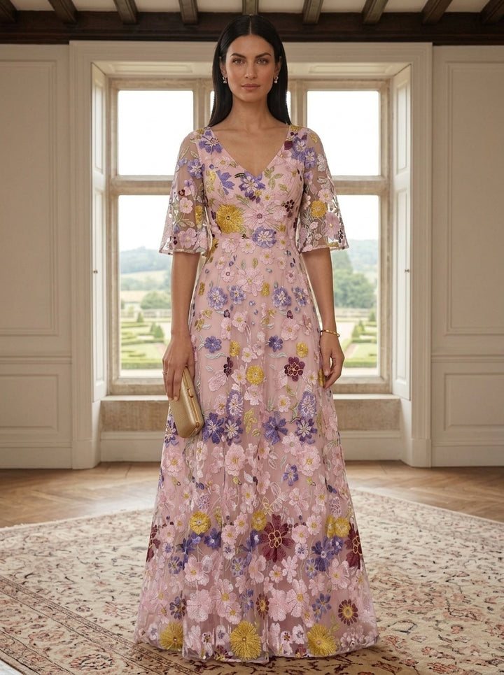 Robe ligne A/princesse, décolleté en V,dentelle, pour mère de la mariée, longueur du sol, floral, manches mi-longues