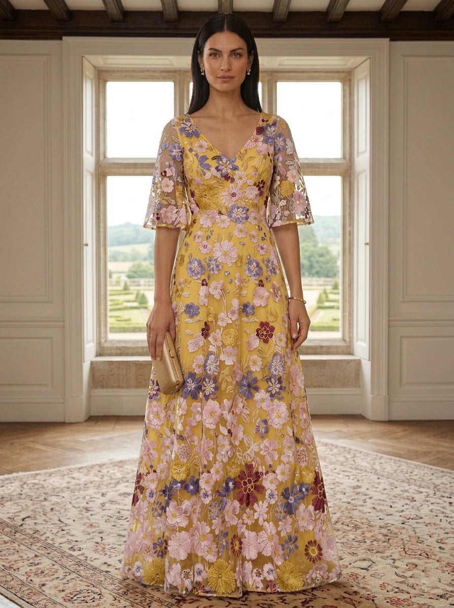 Robe ligne A/princesse, décolleté en V,dentelle, pour mère de la mariée, longueur du sol, floral, manches mi-longues