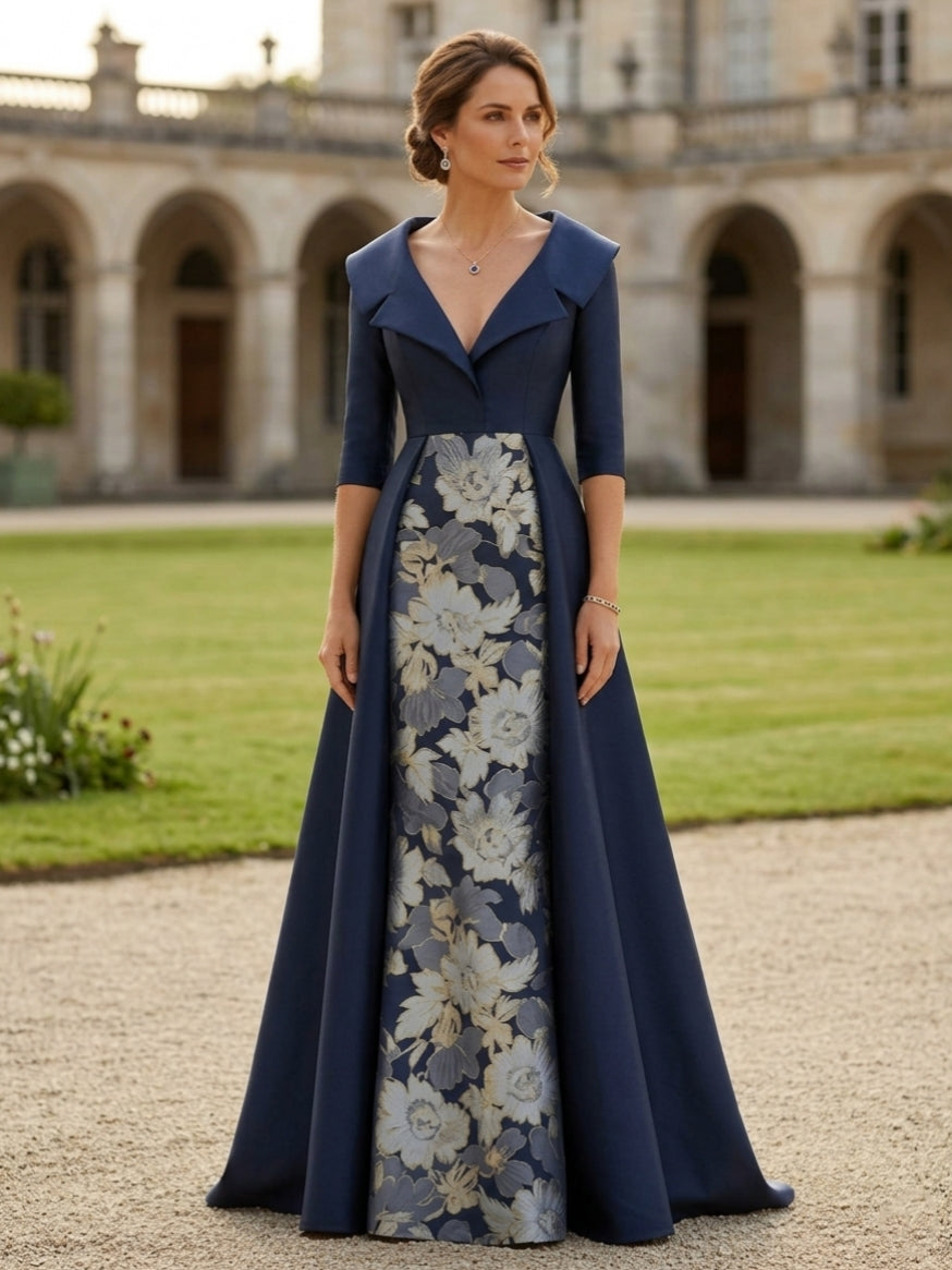 Gaine/Colonne, Col Chemisier,Satin, pour mère de la mariée, longueur du sol,floral, manches mi-longues