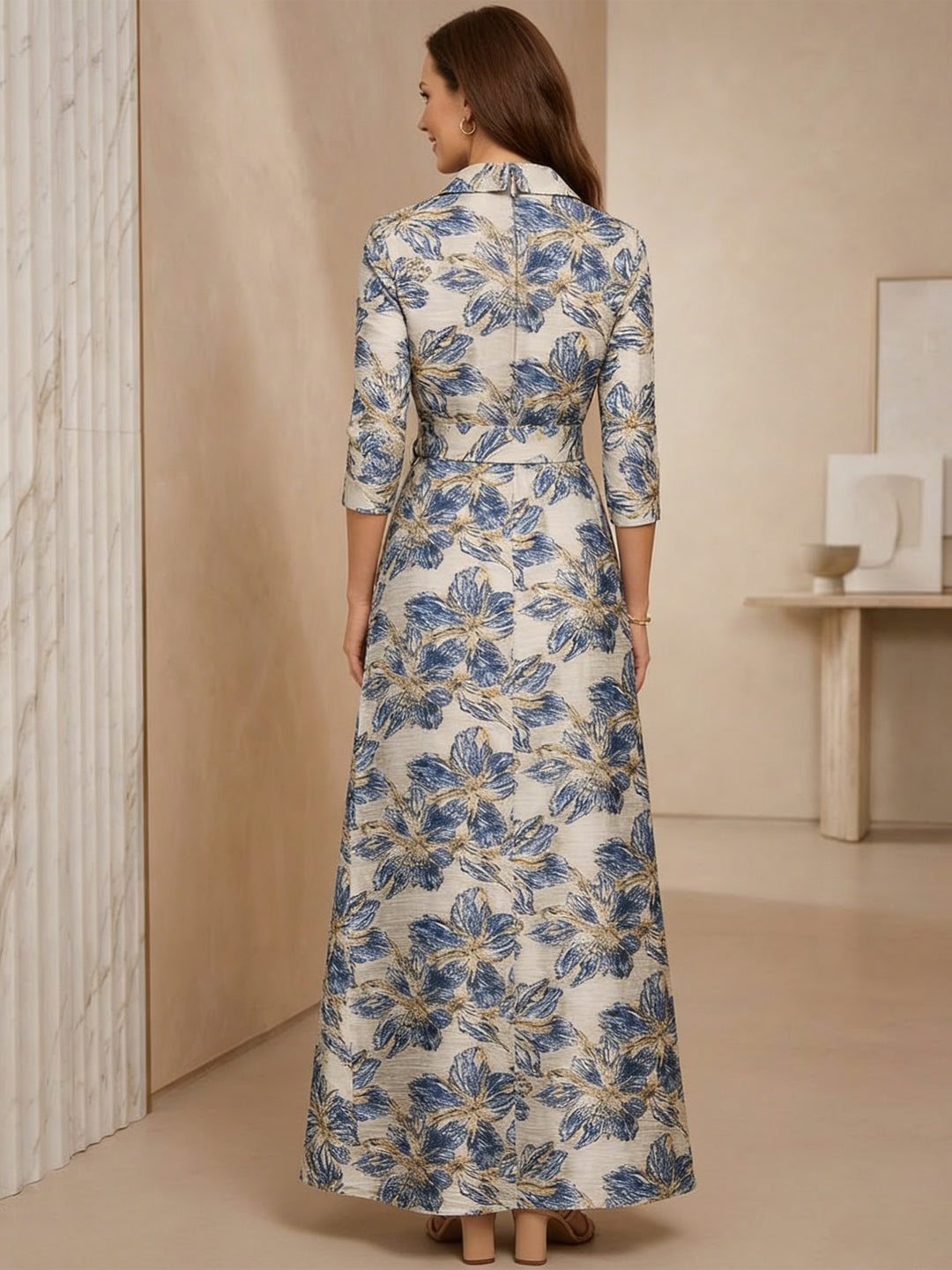 Robe ligne A/princesse, Col chemisier, satin, pour mère de la mariée, longueur de la cheville, motif floral, manches 3/4,avec ceinture