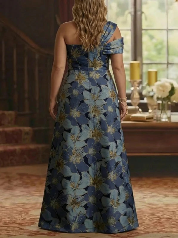 Robe Mère de la Mariée, Grande Taille, Ligne A/Princesse, Une Épaule Nue, Sans Manches, Longueur au Sol, Jacquard, Florale