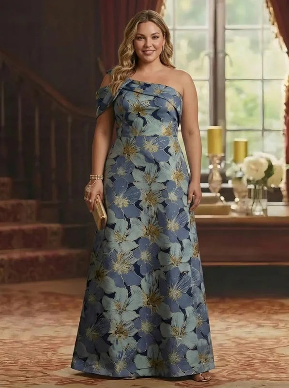 Robe Mère de la Mariée, Grande Taille, Ligne A/Princesse, Une Épaule Nue, Sans Manches, Longueur au Sol, Jacquard, Florale
