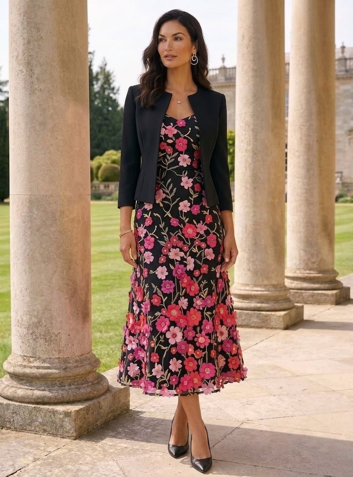 Robe ligne A/princesse, Col Rond, pour mère de la mariée, longueur du Thé, manches 3/4