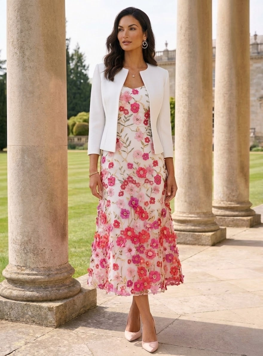 Robe ligne A/princesse, Col Rond, pour mère de la mariée, longueur du Thé, manches 3/4