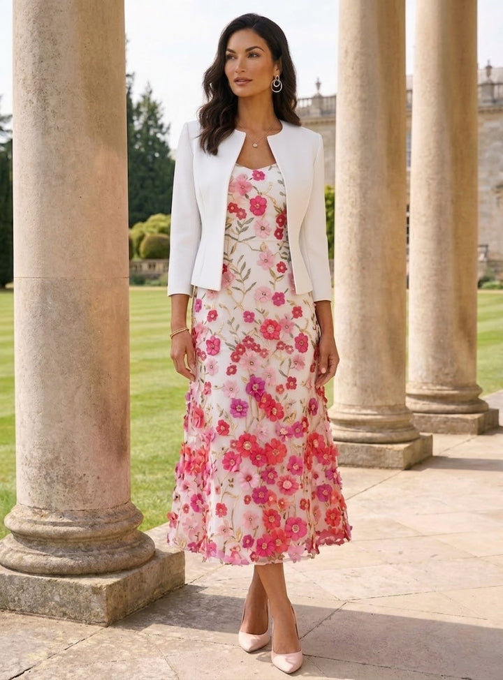 Robe ligne A/princesse, Col Rond, pour mère de la mariée, longueur du Thé, manches 3/4