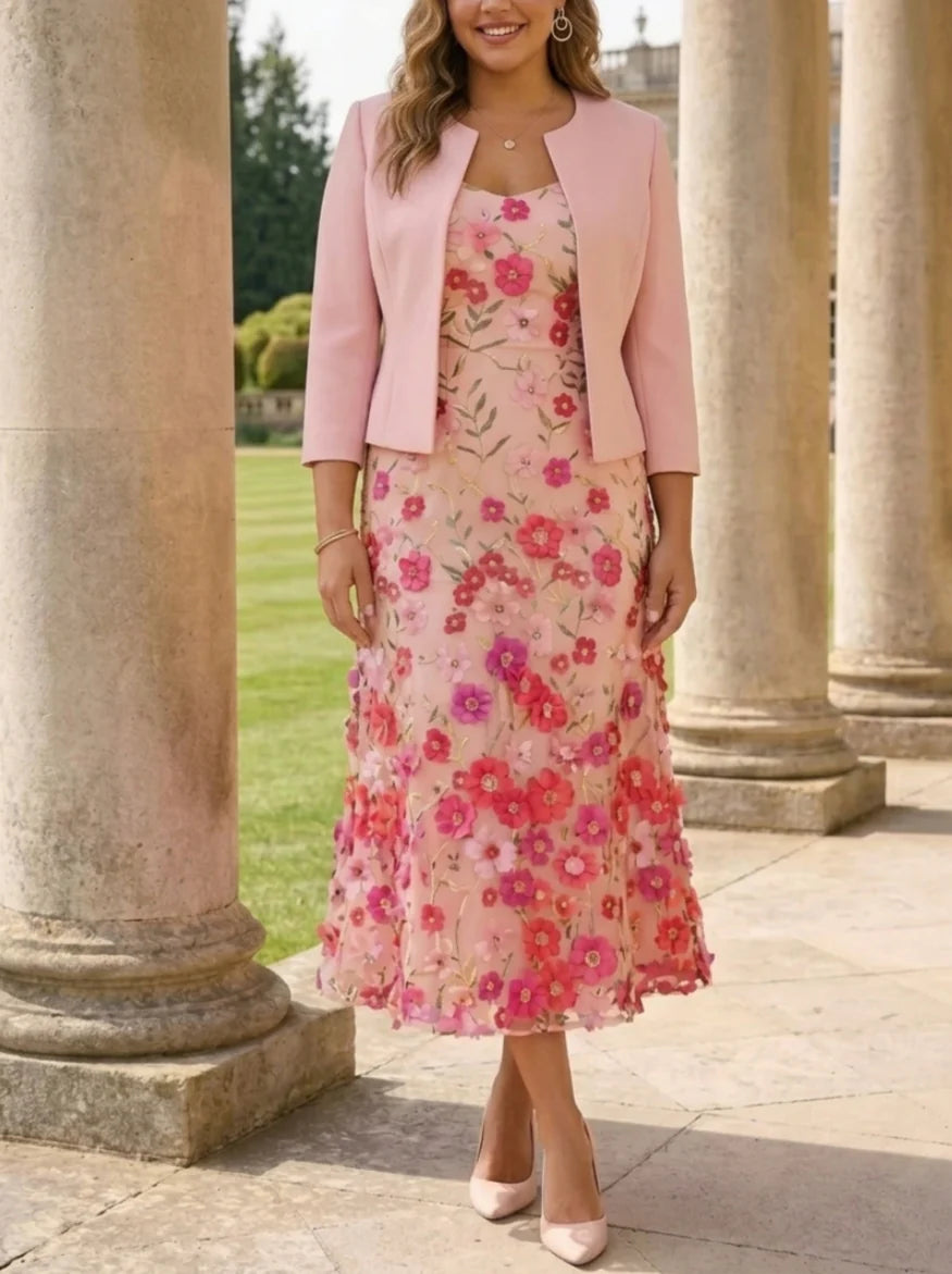 Robe Mère de la Mariée, Grande Taille, Ligne A/Princesse, Col Rond, Manches 3/4, Longueur du Thé, Florale