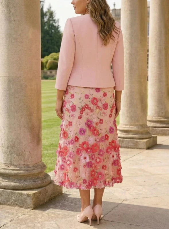 Robe Mère de la Mariée, Grande Taille, Ligne A/Princesse, Col Rond, Manches 3/4, Longueur du Thé, Florale
