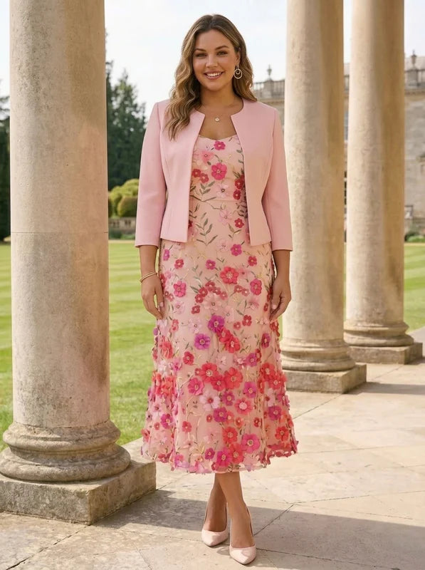 Robe Mère de la Mariée, Grande Taille, Ligne A/Princesse, Col Rond, Manches 3/4, Longueur du Thé, Florale