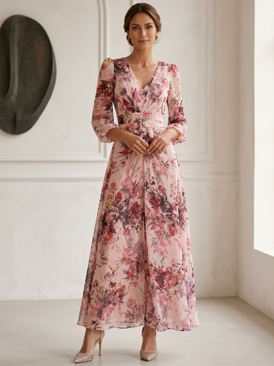 Robe ligne A/princesse, décolleté en V, mousseline, pour mère de la mariée, longueur de la cheville,floral, manches 3/4