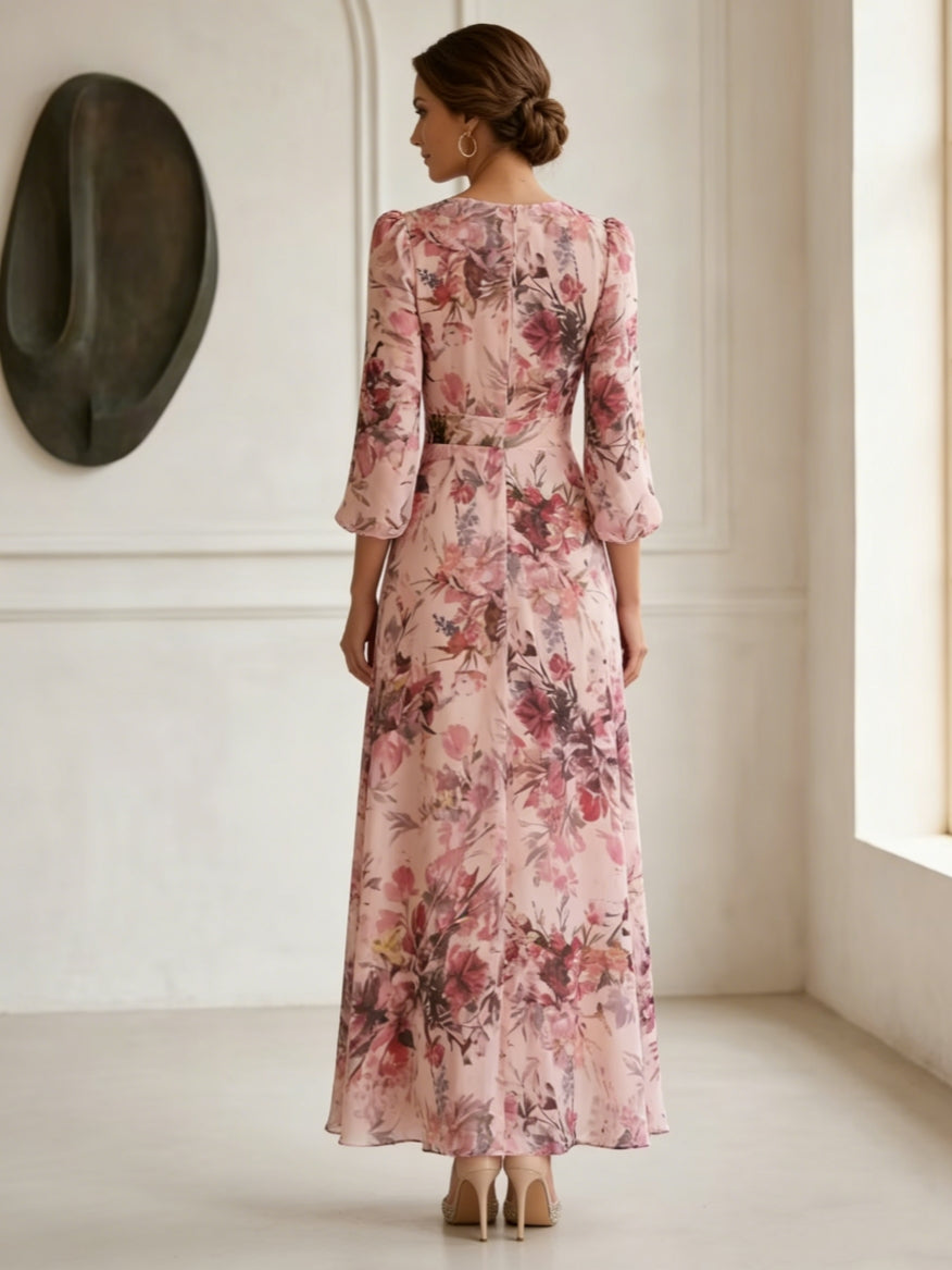 Robe ligne A/princesse, décolleté en V, mousseline, pour mère de la mariée, longueur de la cheville,floral, manches 3/4