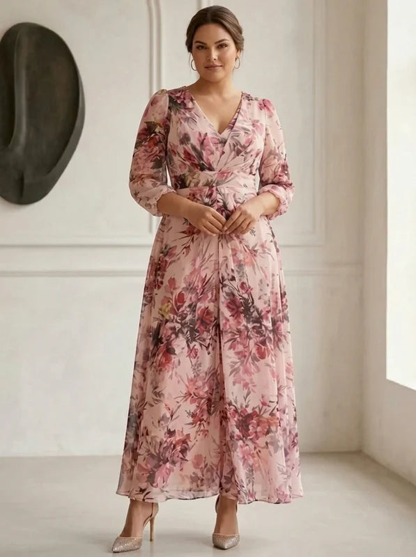 Robe Mère de la Mariée, Grande Taille, Ligne A/Princesse, Col en V, Manches 3/4, Longueur de la Cheville, Mousseline, Florale