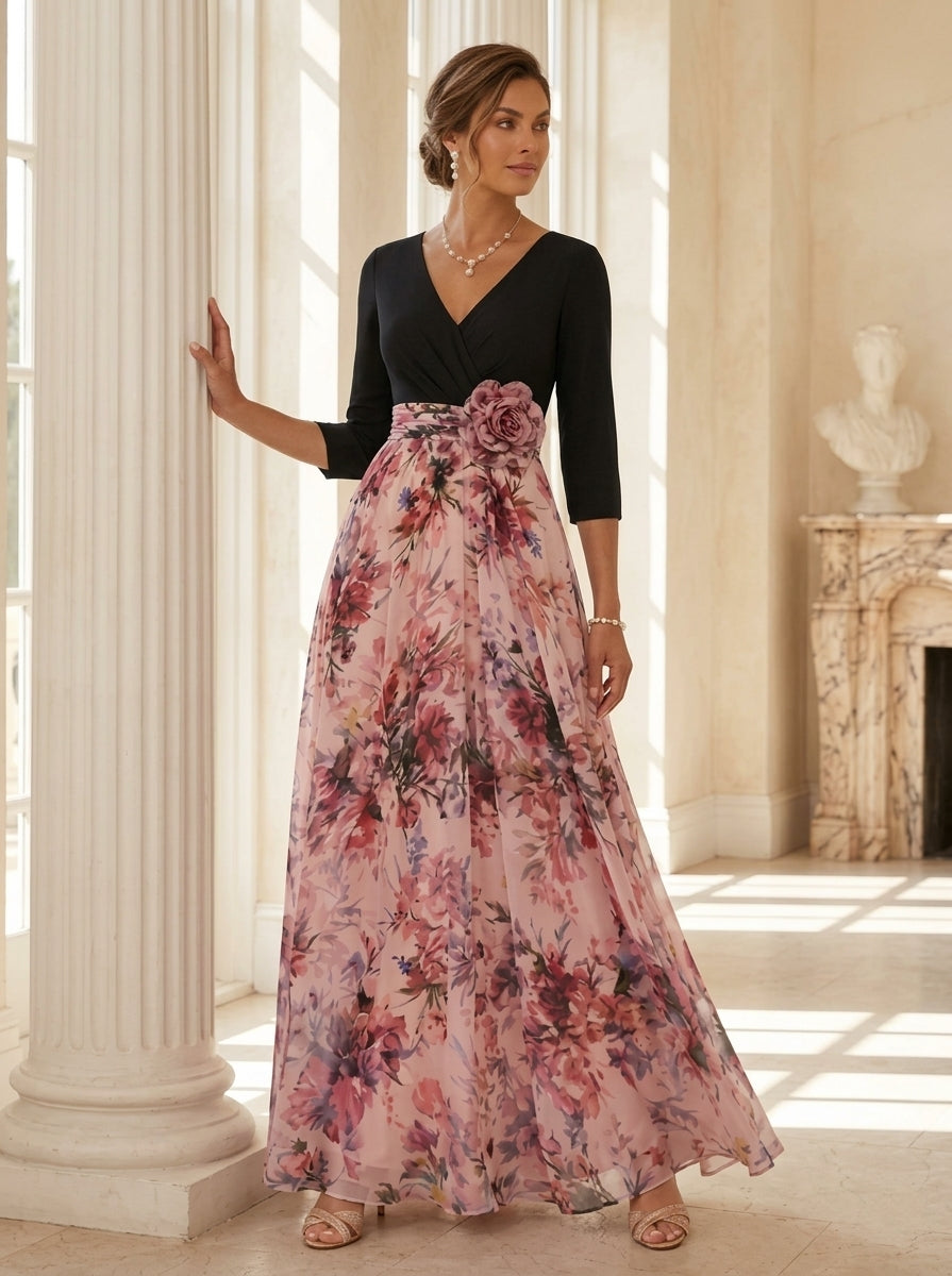 Robe ligne A/princesse, Col en V, pour mère de la mariée, longueur de la Cheville, manches 3/4