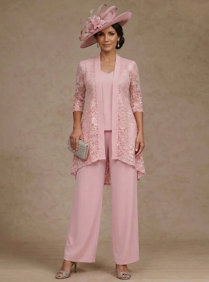 Ensemble pantalon 3 pièces mère de la mariée mousseline col V, veste dentelle, manches 3/4, longueur cheville