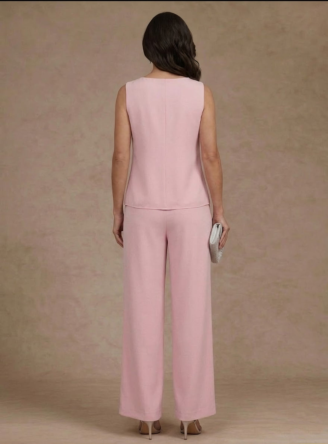 Ensemble pantalon 3 pièces mère de la mariée mousseline col V, veste dentelle, manches 3/4, longueur cheville