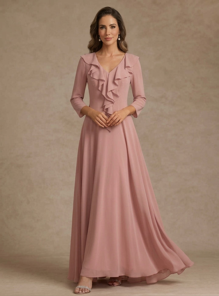 Robe ligne A/princesse, décolleté en V, mousseline, pour mère de la mariée, longueur du sol, manches 3/4, volants
