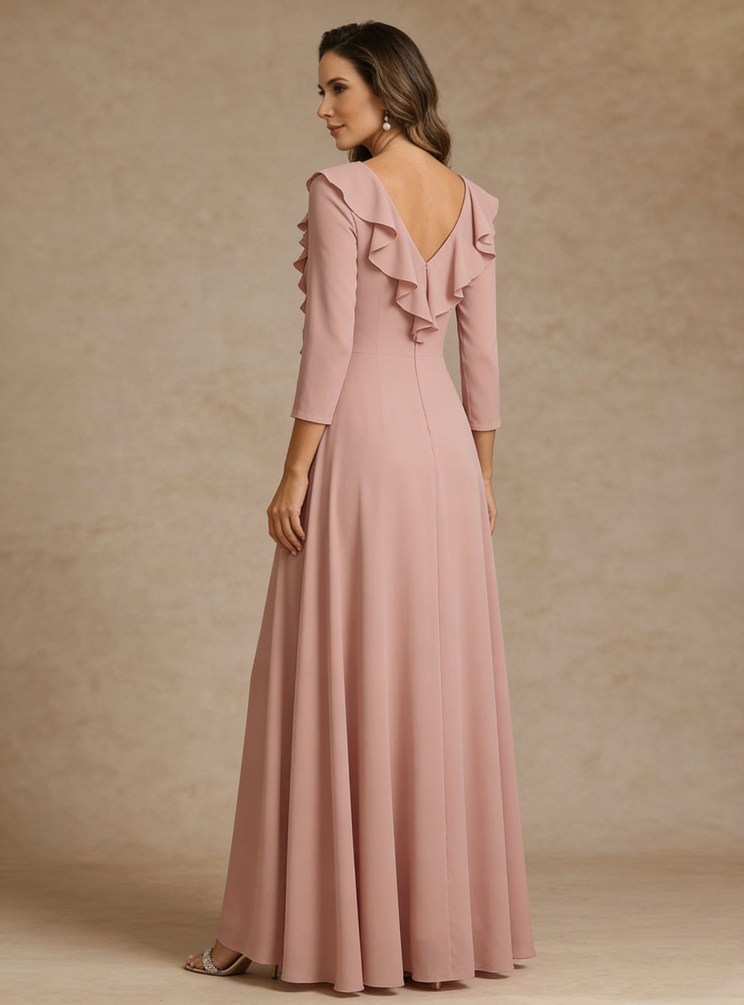 Robe ligne A/princesse, décolleté en V, mousseline, pour mère de la mariée, longueur du sol, manches 3/4, volants