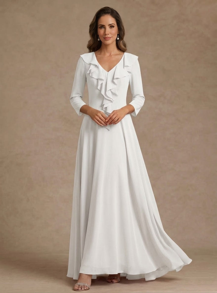Robe ligne A/princesse, décolleté en V, mousseline, pour mère de la mariée, longueur du sol, manches 3/4, volants