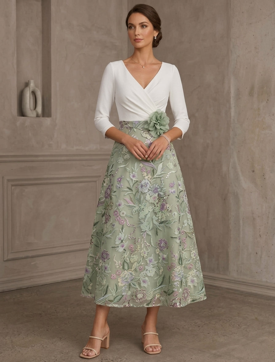Robe ligne A/princesse, décolleté en V, satin extensible, pour mère de la mariée,fleur D, longueur de thé, manches 3/4,dentelle