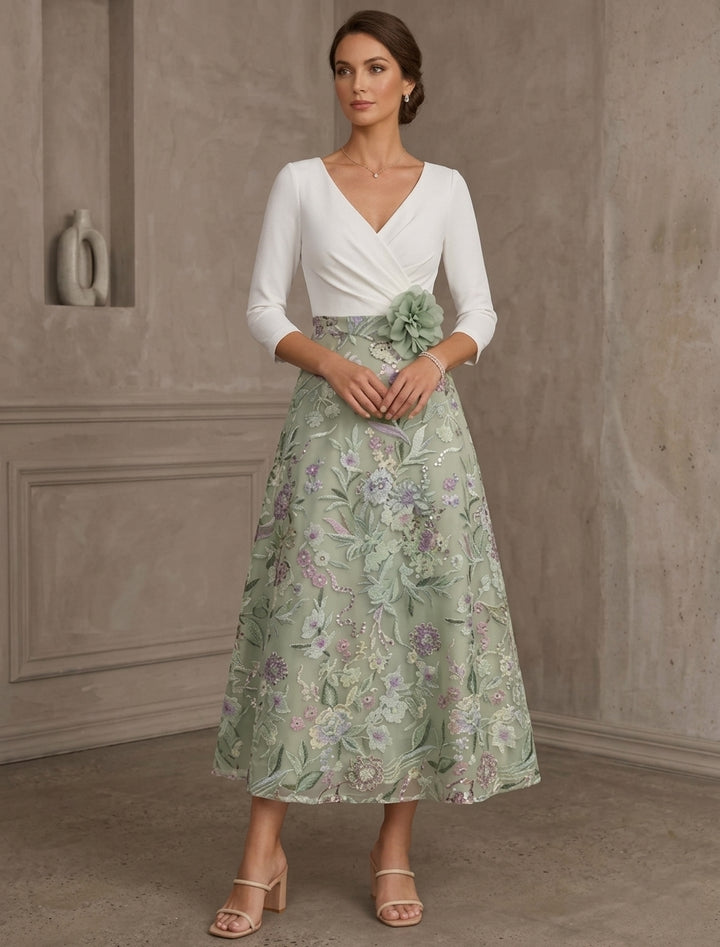 Robe ligne A/princesse, décolleté en V, satin extensible, pour mère de la mariée,fleur D, longueur de thé, manches 3/4,dentelle