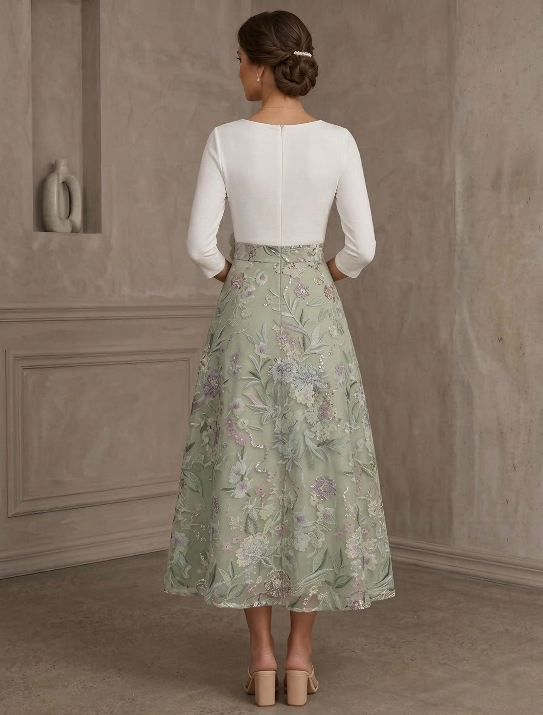 Robe ligne A/princesse, décolleté en V, satin extensible, pour mère de la mariée,fleur D, longueur de thé, manches 3/4,dentelle