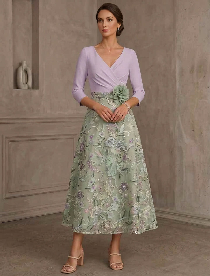 Robe ligne A/princesse, décolleté en V, satin extensible, pour mère de la mariée,fleur D, longueur de thé, manches 3/4,dentelle