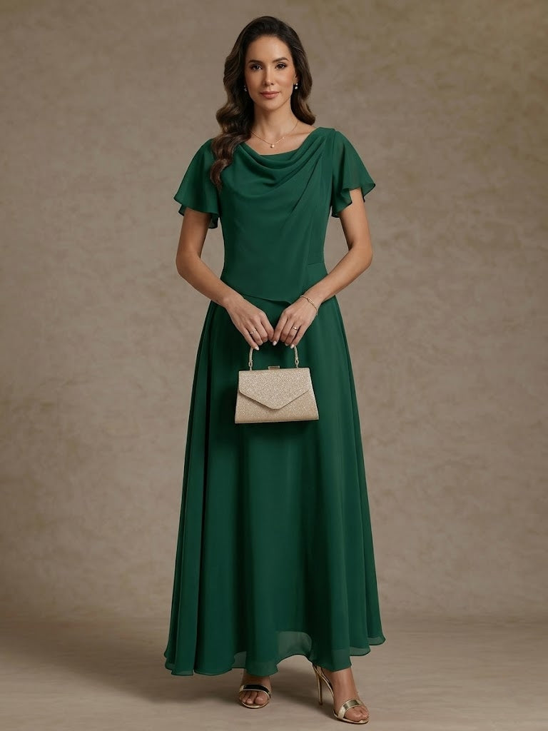 Robe de mère de la mariée, Ligne A/princesse, col drapé, mousseline, longueur de la cheville, manches courtes, froncé