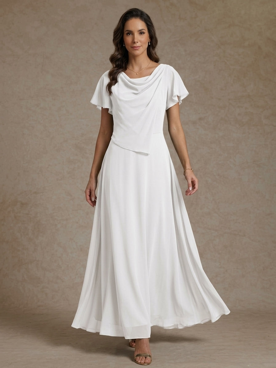 Robe de mère de la mariée, Ligne A/princesse, col drapé, mousseline, longueur de la cheville, manches courtes, froncé