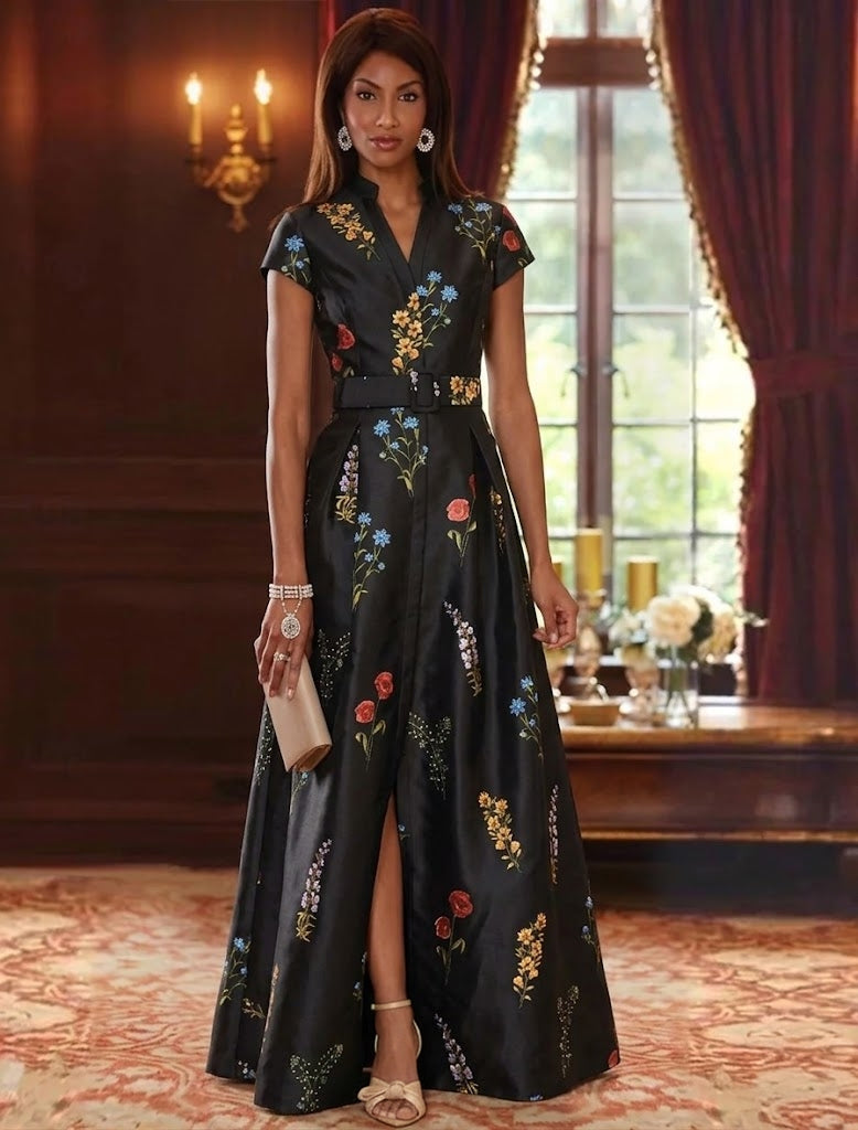 Robe ligne A/princesse, décolleté en V, satin imprimé, pour mère de la mariée,fente latérale, longueur du sol, manches courtes, floral, ceinture