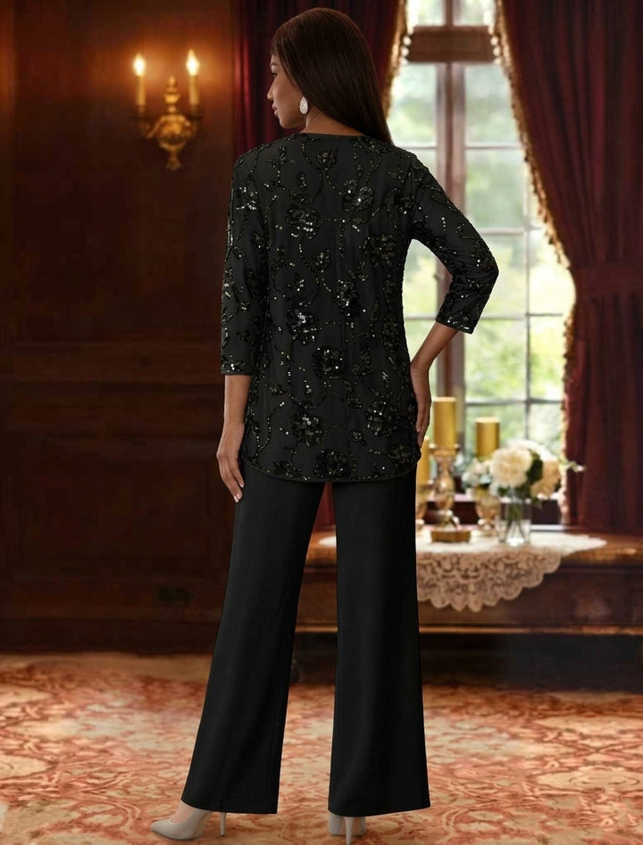 Ensemble 3 pièces pour mère de la mariée,Col Rond, pantalon en mousseline, longueur de la cheville, manches 3/4