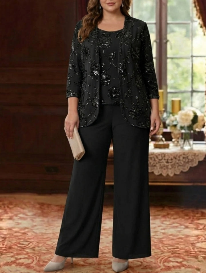 Robe mère de la mariée, Taille Plus, Ensemble Pantalon, Col Rond, Mousseline, Manches 3/4, Longueur de la Cheville