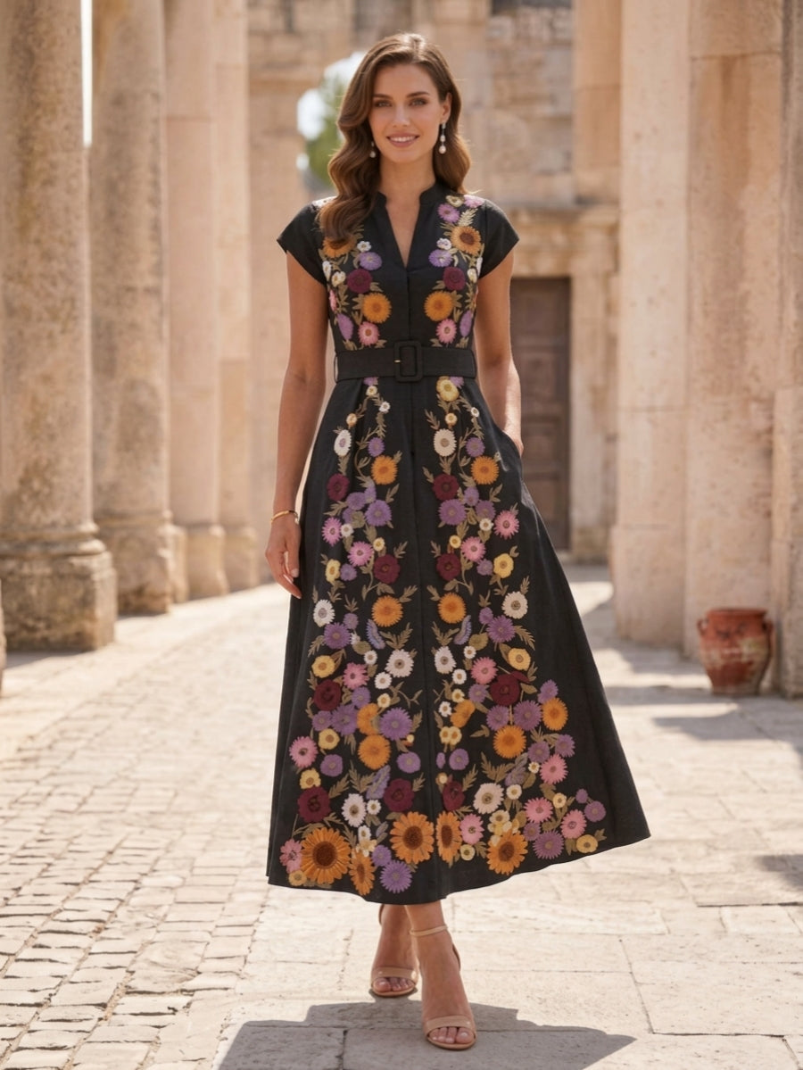 Ligne A/Princesse, Col en V, pour mère de la mariée, longueur du Thé, Manches Courtes, Floral