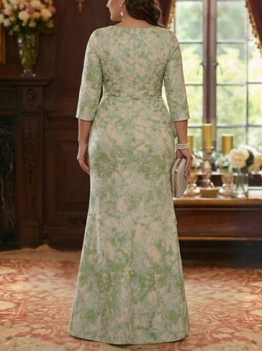 Robe mère de la mariée, Taille Plus, Gaine/Colonne, Col Rond, Jacquard, Manches 3/4, Longueur au Sol