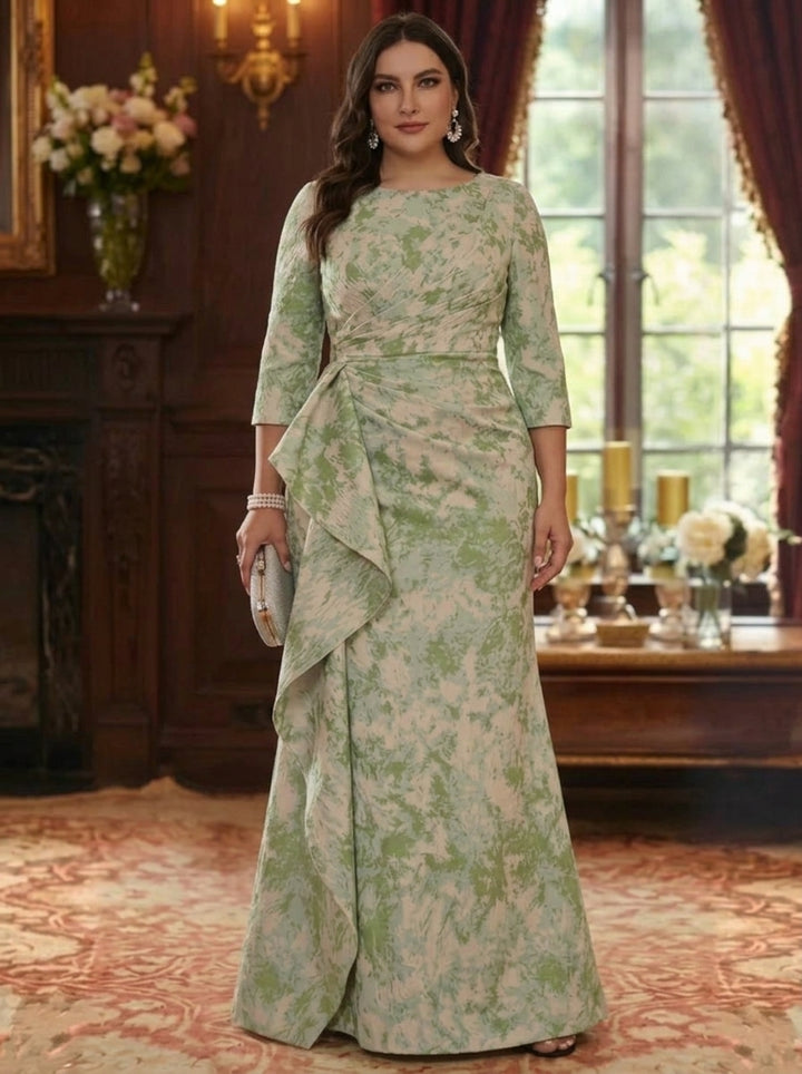 Robe mère de la mariée, Taille Plus, Gaine/Colonne, Col Rond, Jacquard, Manches 3/4, Longueur au Sol