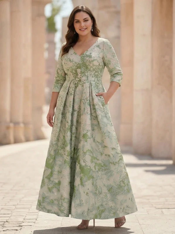 Robe Mère de la Mariée, Grande Taille, Ligne A/Princesse, Col en V, Manches 3/4, Longueur de la Cheville, Jacquard, Florale