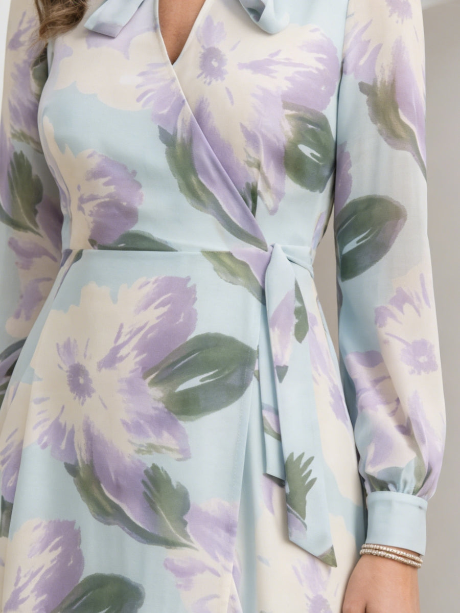 Robe ligne A/princesse, décolleté en V, mousseline, pour mère de la mariée, asymétrique, longueur cheville, manches longues, floral, volants