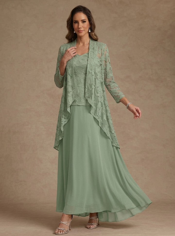 Ensemble 3 pièces, robe ligne A/princesse, décolleté en V, mousseline, pour mère de la mariée, avec veste, dentelle, longueur de la cheville, manches 3/4