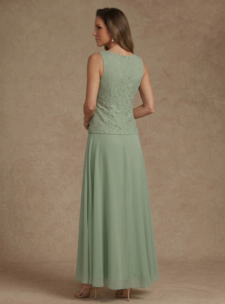 Ensemble 3 pièces, robe ligne A/princesse, décolleté en V, mousseline, pour mère de la mariée, avec veste, dentelle, longueur de la cheville, manches 3/4