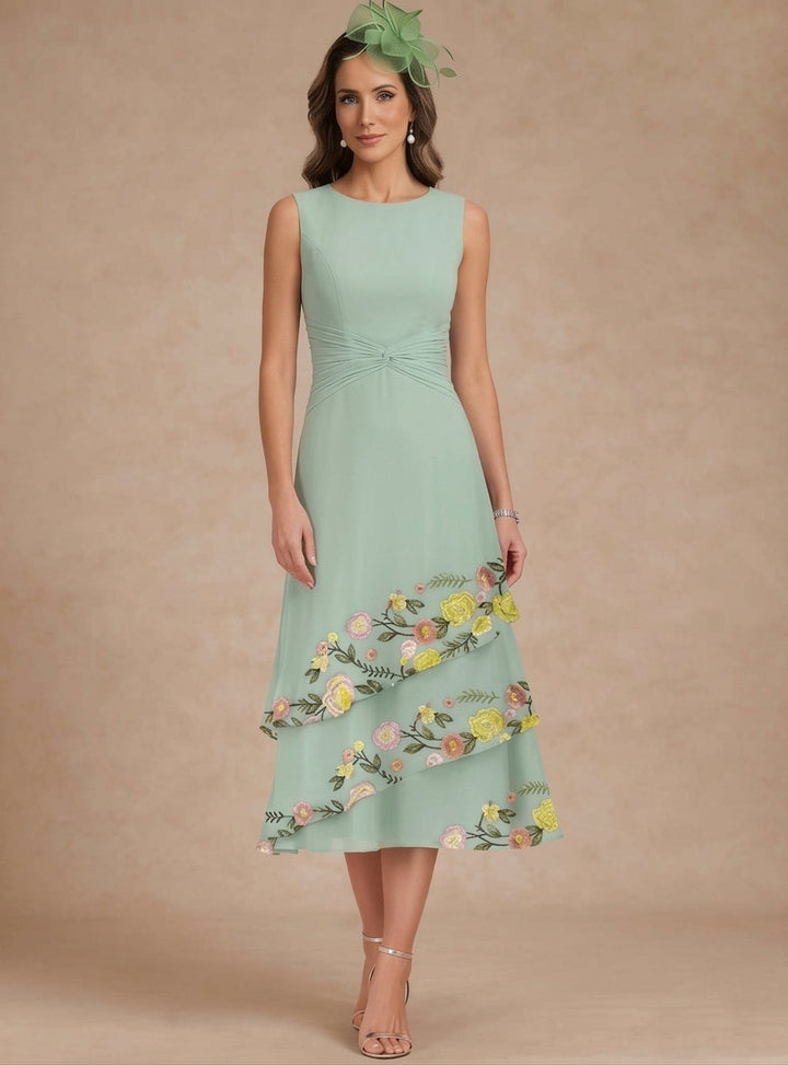 Ligne A/Princesse, Col Rond, pour mère de la mariée, longueur du Thé, Manches3/4, Floral