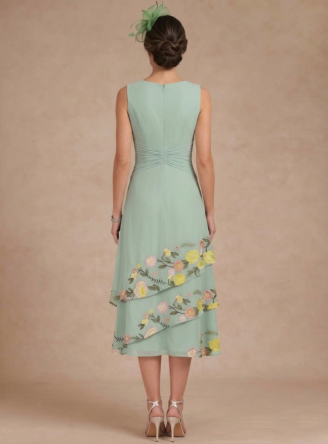 Ligne A/Princesse, Col Rond, pour mère de la mariée, longueur du Thé, Manches3/4, Floral