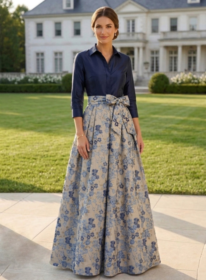 Robe mère de la mariée en jacquard, ligne A/princesse, col chemisier, nœud papillon, floral, manches 3/4, Longueur du Sol