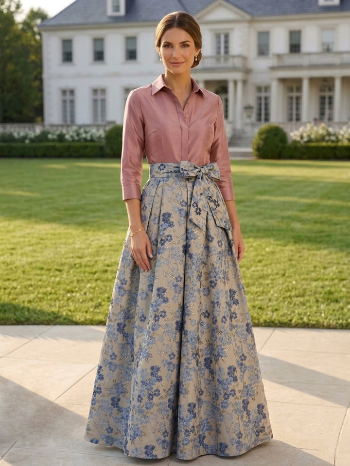 Robe mère de la mariée en jacquard, ligne A/princesse, col chemisier, nœud papillon, floral, manches 3/4, Longueur du Sol